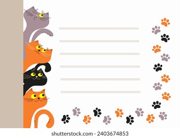  Cartel, marco, volante con gatitos graciosos. Caricatura lindos gatitos coloridos, marcas de garras. Lugar de inscripción, texto. Ilustración vectorial, fondo blanco, aislado.