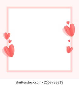 Banner with frame and flying hearts in cut paper style. Frame for text. Hearts. Valentine's Day. Romance and love. Screensaver, advertising template, advertising frame