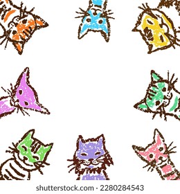 Banner or frame with funny colorful cats. Wax crayon like child`s hand drawn cute kittens. Pastel chalk or pencil kids line art stroke cartoon smiling kitty. Vector artistic doodle simple pets