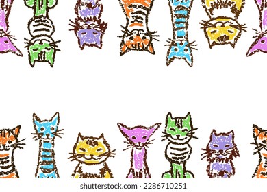 Banner or frame with funny colorful cats. Wax crayon like child`s hand drawn cute kittens. Pastel chalk or pencil kids line art stroke cartoon smiling kitty. Vector artistic doodle simple pets