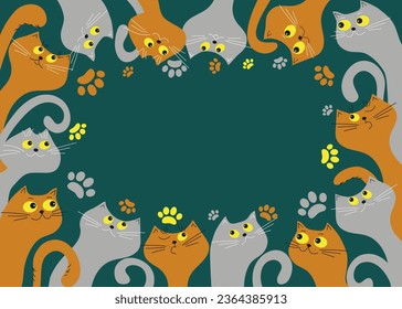  Marco de cartel con graciosos gatos de dibujos animados multicolores. Pistas animales, huellas de garras, huellas de mascotas.  Diseño de postales, volante. Espacio para texto. Ilustración vectorial, fondo aislado.