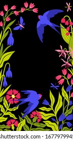 Banner frame for invitation or menu, print poster or template for social media networks. Vector illustration in bright colors on a black background, flower meadow and flying swallows, spring mood.