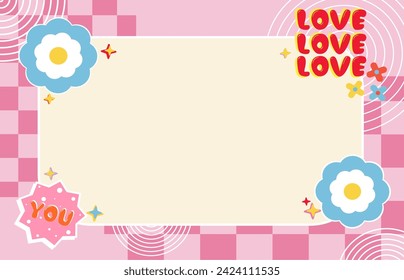 Banner with frame made of flowers, vintage love stickers on a geometric pattern pink background, Vector of love,Mother's or Women's Day greeting card Sign or poster Holiday red background with festive