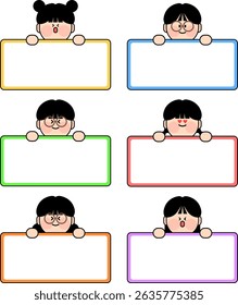Banner, Frame, Name tag, Notepad, Board, Vector Illustration Set with Cute Children's Characters