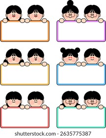Banner, Rahmen, Namensschild, Notizblock, Motherboard, Vektorgrafik-Set mit niedlichen Kinderfiguren