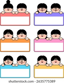 Banner, Frame, Name tag, Notepad, Board, Vector Illustration Set with Cute Children's Characters