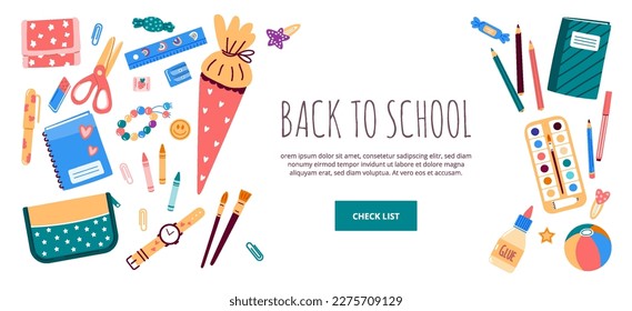 Banner or frame with school stationery objects.Supplies set like ruler,pencil,satchel.Back to school.Vector illustration in flat style isolated on white background