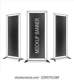 Banner Frame Stand. Vinyl. Black. Mockup. Vector. Isolated on white background. 