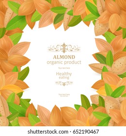 banner with frame of tasty almonds on white background for your design