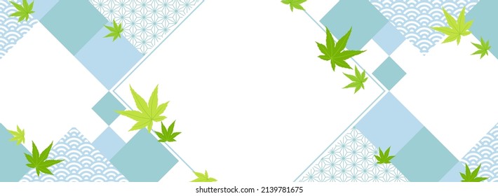 banner frame template of geometric Japanese pattern and green maple leaves
