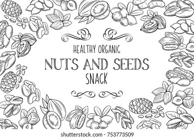 Banner frame template with hand drawn nuts and seeds. Cola nut, pumpkin seed, peanut and sunflower seeds. Pistachio, cashew, coconut, hazelnut and macadamia. Vector illustration in sketch retro style.