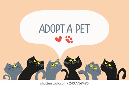  Banner, frame, text Adopt a pet. Cats in a row. Cute cartoon homeless kittens. Adopt homeless animals and raise them. Animal adoption concept. Don't buy, help homeless animals find  home.
