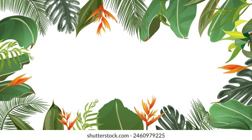 Banner frame with tropical leaves, flowers. Summer background with jungle exotic plants: coconut palm, banana, bamboo, Parrot Beak. Panoramic view, realistic botanical illustration in watercolor style