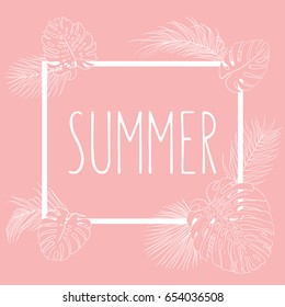 Banner with frame of vector monochrome tropical plants leaves on pink background with sample text. Greeting card and design element for print