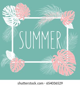 Banner with frame of vector monochrome tropical plants leaves on mint background with sample text. Greeting card and design element for print