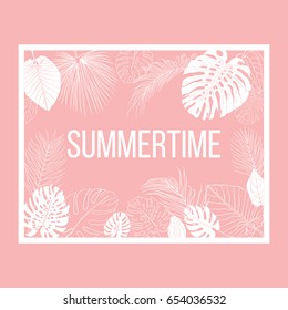 Banner with frame of vector monochrome tropical plants leaves on pink background with sample text. Greeting card and design element for print