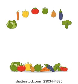 Banner frame of vegetables on a white background, for the design of printed products, menus. Tomato, red pepper, green pepper, yellow pepper, bell pepper, eggplant, cabbage, carrot, onion, broccoli.