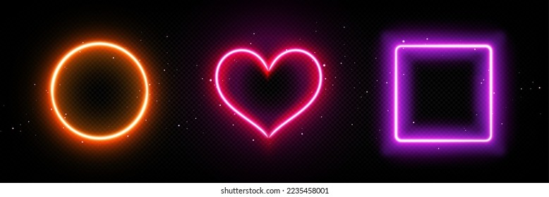 Banner frames with neon light glow. Square, circle and heart shape electric light borders with sparks isolated on transparent background, vector realistic set