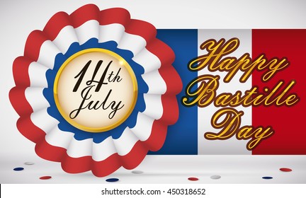 Banner with France cockade  and flag with greeting text and confetti scattered over the floor for Bastille Day celebration.