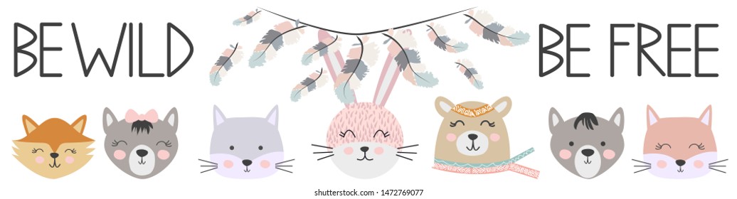 Banner Free, Wild, Brave with animals Cat, wolf, bear, fox, rabbit and feathers in the Scandinavian style. Children's set