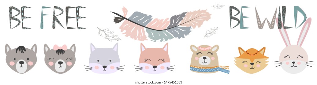 Banner Free, Wild, Brave with animals Cat, wolf, bear, fox, rabbit and feathers in the Scandinavian style. Children's set