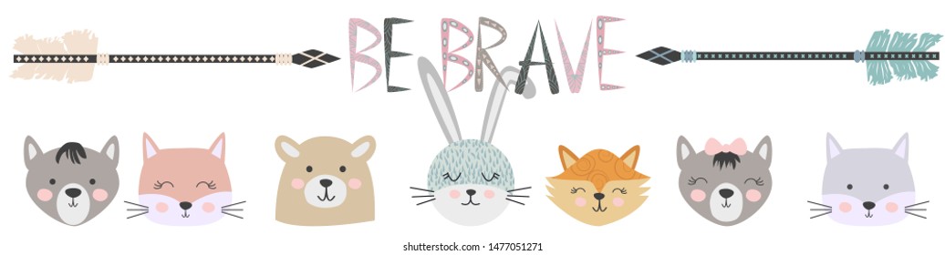 Banner Free, Wild, Brave with animals Cat, wolf, bear, fox, rabbit and feathers, arrows in the Scandinavian style. Children's set
