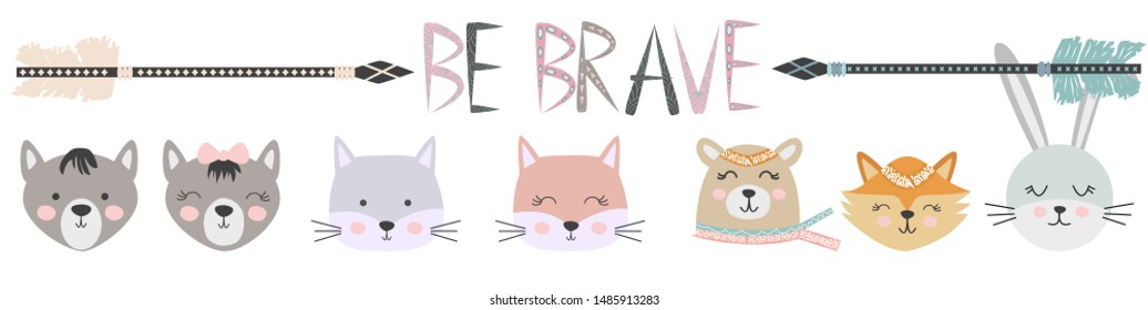 Banner Free, Wild, Brave with animals Cat, wolf, bear, fox, rabbit and feathers, arrows in the Scandinavian style. Children's set