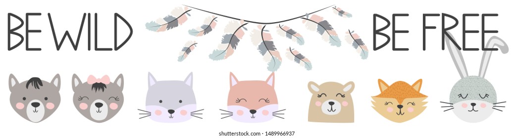 Banner Free, Wild, Brave with animals Cat, wolf, bear, fox, rabbit and feathers in the Scandinavian style. Children's set