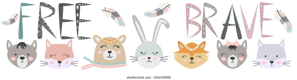 Banner Free, Wild, Brave with animals Cat, wolf, bear, fox, rabbit and feathers, arrows in the Scandinavian style. Children's set