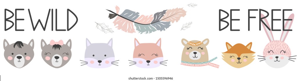 Banner Free, Wild, Brave with animals Cat, wolf, bear, fox, rabbit and feathers in the Scandinavian style. Children's set