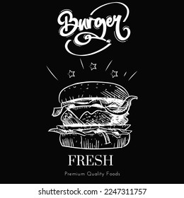 banner fresh burger black background with white text and icons. Classic Burger drew with chalk in a linear style.