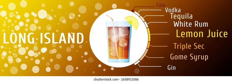Banner with fresh spring Long Island Iced Tea cocktail with recipe. Bar infographics for menus and advertising flyers. Trendy stylish flat design.