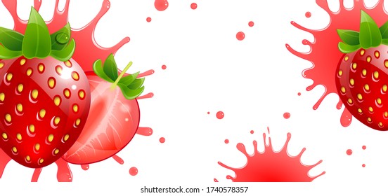 banner with fresh strawberries and splash juice on a white background