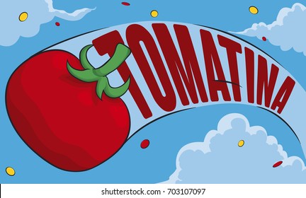 Banner with a fresh tomato crossing the cloudy sky leaving a confetti trace in the Tomatina Festival.
