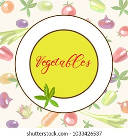 Banner with fresh vegetables on a plate. Vegetarian table. Tasty and healthy food. Vector illustration.