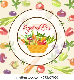 Banner with fresh vegetables on a plate. Vegetarian table. Beautiful and fresh food. Vector illustration.