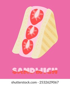 Banner Fruit sandwich with strawberries and cream, colorful sweet bakery item. Healthy snack Japanese Fruit Sandwich Isolated on a cute Pink background with text. Stylish poster for kitchen or cafe.