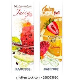 Banner with fruit in water splashes and drops of water juicy fruit watermelon, strawberry, orange, lime, watercolor, author's work.