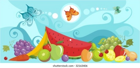 banner with a fruits and butterflies