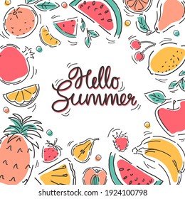 A banner with fruits in a linear style. The inscription "Hello summer". Manual vector background.