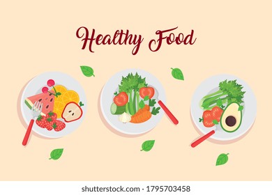banner with fruits and vegetables in dishes, healthy food concept vector illustration design