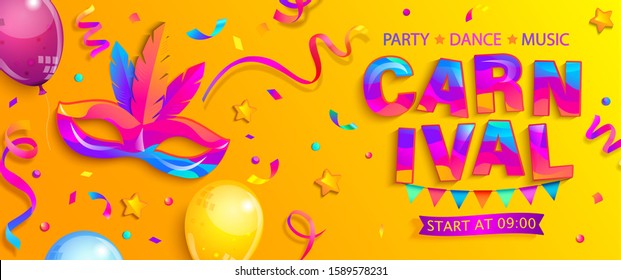 Banner For Fun Carnival Party.Traditional Mask With Feathers,confetti And Balloons For Carnaval,mardi Gras, Fesival,masquerade,parade.Template For Design Invitation,flyer Poster,banners. Vector.