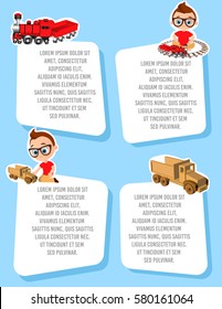 Banner with funny cartoon kids. Template advertising brochure with space for text. Young Boy with glasses and toy. Flat design. Vector illustration eps 10