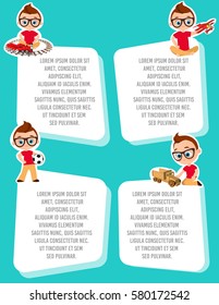 Banner with funny cartoon kids. Template advertising brochure with space for text. Young Boy with glasses and toy. Flat design. Vector illustration eps 10