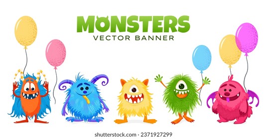 Banner with funny cartoon monsters and balloons.