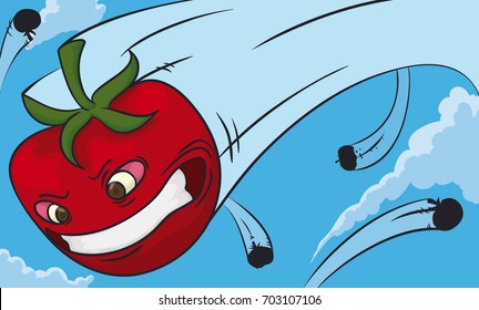 Banner with funny cartoon tomato character thrown at full speed flying across the sky in a Tomato Battle.