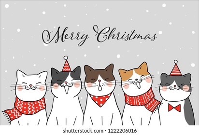 Banner funny cat for Christmas day in snow.Draw doodle cartoon style.