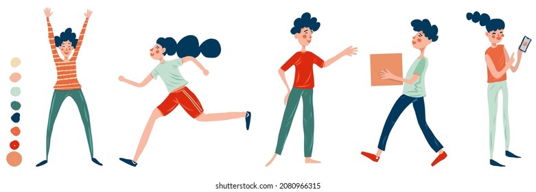 Banner with funny characters occupied with  different activities, moving, running, talking, sending message, online shopping, cheering up. Isolated figures on white background.