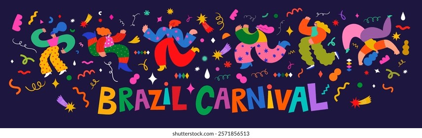 Banner with funny dancing people. Design for Brazil Carnival. Decorative abstract illustration with colorful doodles. Music festival illustration
