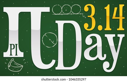 Banner with funny doodle drawings and silver sign and pi symbol to celebrate Pi Day.